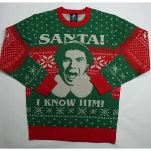 Bioworld ELF SANTA I KNOW HIM Ugly Christmas Sweater Knit Pullover, small